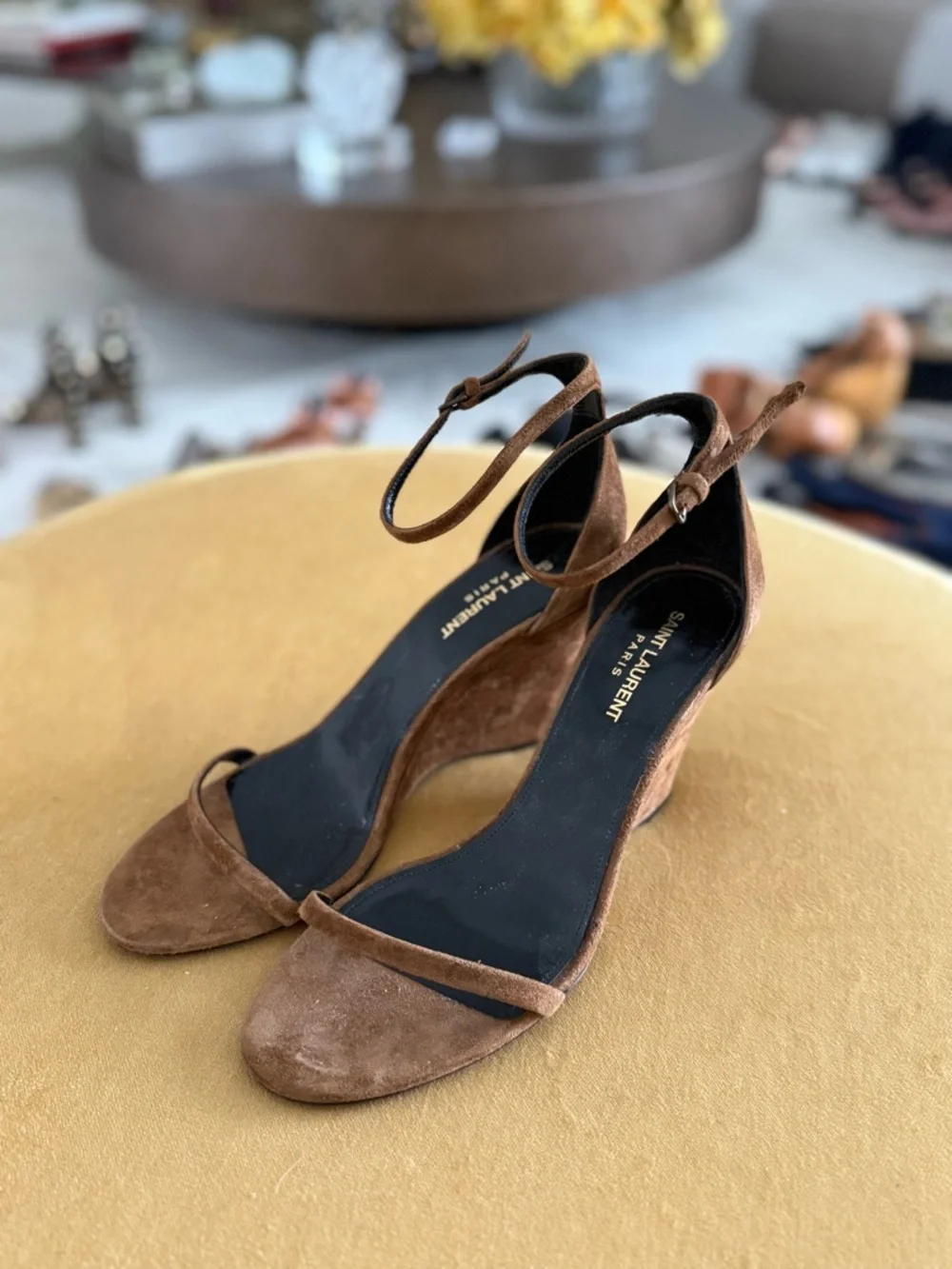 Saint Laurent Brown Suede Ankle-Strap Wedge Sandals - Picture 1 of 6